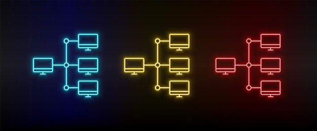 Iconos de neón servidores computadoras Conjunto de icono de vector de neón amarillo azul rojo sobre fondo oscuro