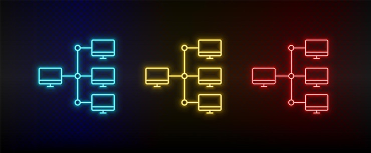 Vector iconos de neón servidores computadoras conjunto de icono de vector de neón amarillo azul rojo sobre fondo oscuro
