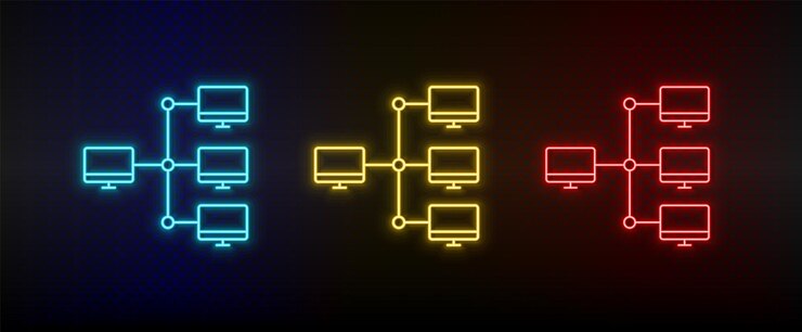 Vector iconos de neón servidores computadoras conjunto de icono vectorial de neón rojo azul amarillo en fondo oscuro