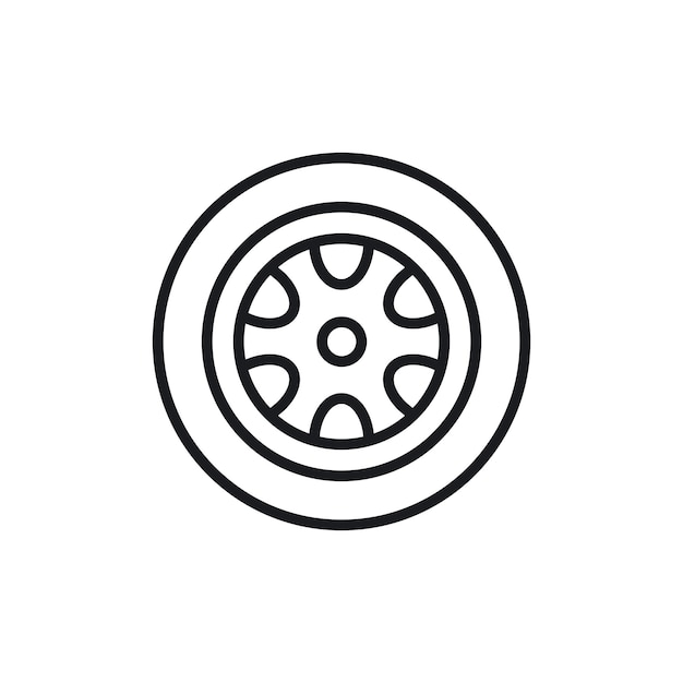 Iconos de neumáticos de automóviles, neumáticos o símbolos vectoriales de ruedas, llantas de autobuses o camiones, pictogramas de aleación de automóviles en estilo negro, rellenado y delineado.