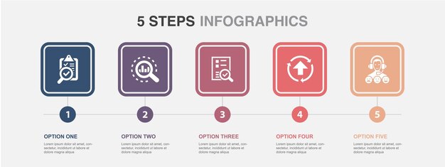 Iconos de nivel de servicio de mejora de evaluación de análisis de control de calidad Plantilla de diseño infográfico Concepto creativo con 5 pasos