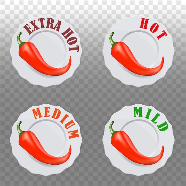 Vector iconos con niveles de especias de ají. signo de pimiento picante para envasar comida picante. pegatinas de salsa de pimienta.