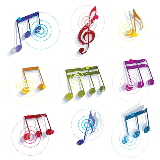 Los íconos de las notas musicales establecen símbolos de temas musicales abstractos y vectores