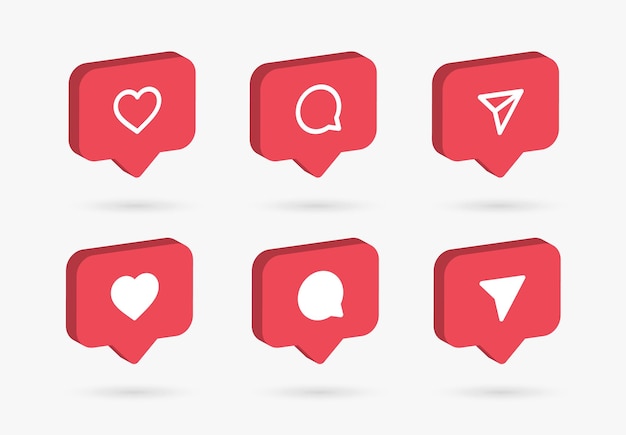 Iconos de notificación de redes sociales 3d en burbujas de discurso como comentario de amor icono de contorno de línea compartida