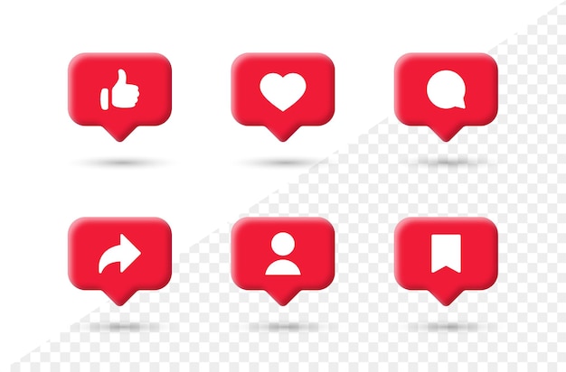 Iconos de notificación de redes sociales en burbujas de discurso 3d como comentario de amor compartir seguidor guardar