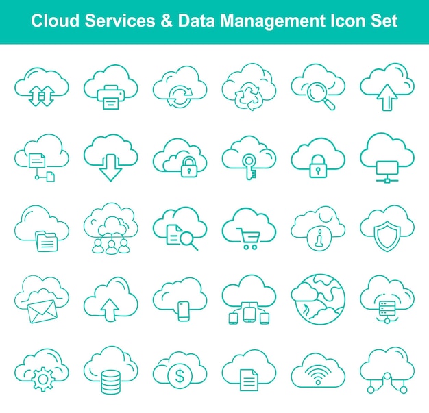Los iconos de nube turquesa presentan conceptos como la protección de subida y descarga