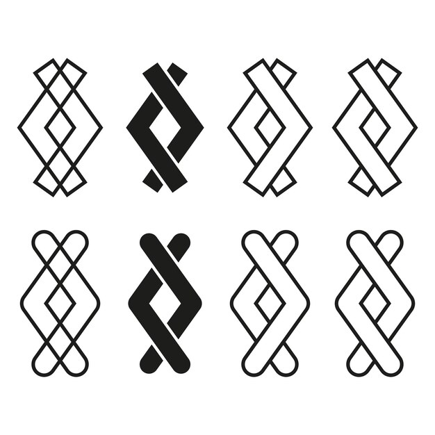 Iconos de nudos geométricos Patrón de líneas entrelazadas Símbolo en blanco y negro Ilustración vectorial