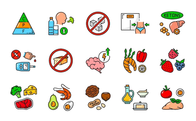 Iconos de nutrición de dieta cetogénica cetogénica alimentos saludables