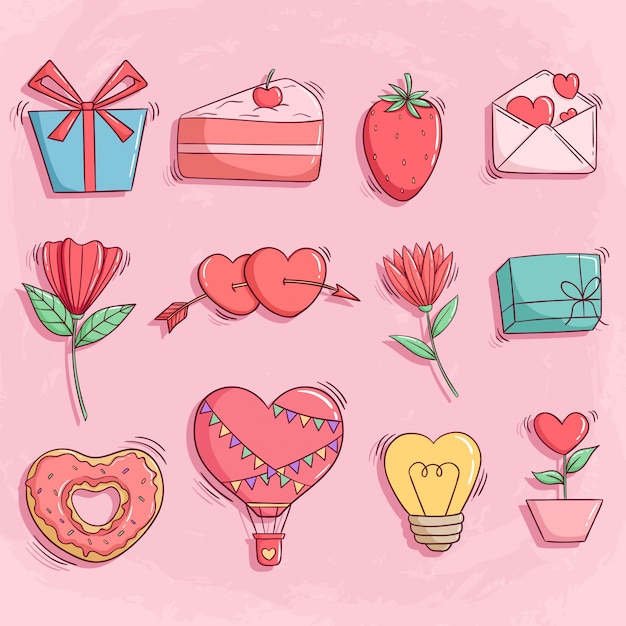 Iconos o elementos de san valentín con estilo colorido doodle en rosa