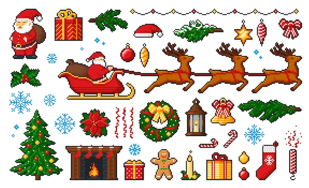 Iconos o personajes de píxeles de navidad de año nuevo de 8 bits