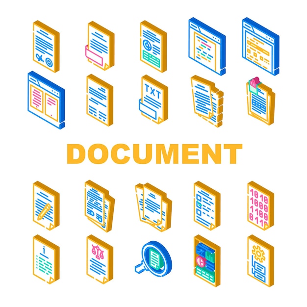 Los iconos de la oficina del archivo comercial del documento establecen el contrato de la carpeta de información del trabajo en papel del vector.