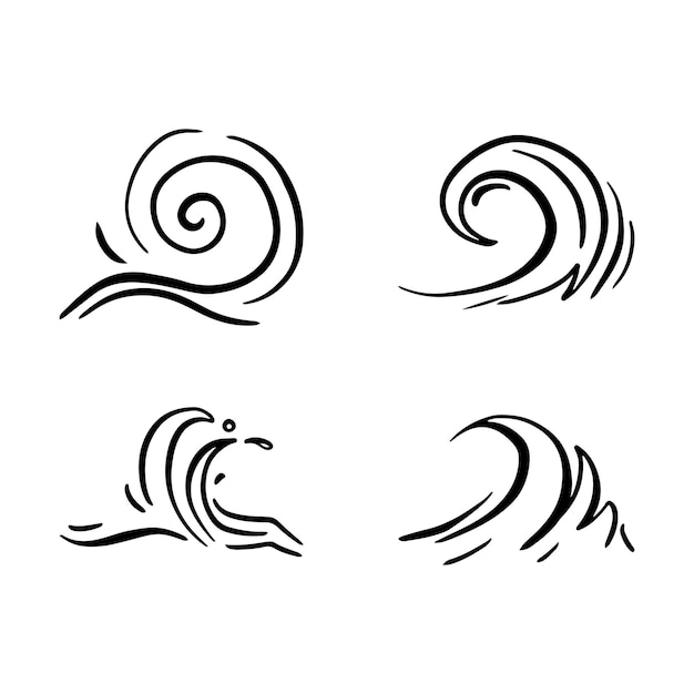 Iconos de olas marinas dibujados a mano líneas onduladas simples Icones de garabateo de tormentas marinas establecidos Flujo de agua del océano