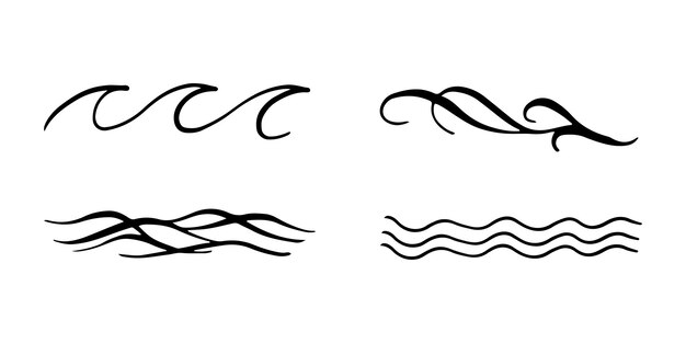 Iconos de olas marinas dibujados a mano líneas onduladas simples Icones de garabateo de tormentas marinas establecidos Flujo de agua del océano