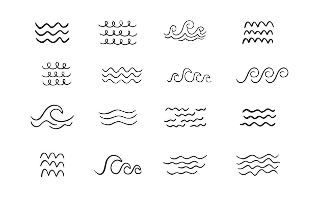Iconos de olas marinas dibujados a mano, tormentas garabateadas, iconos con líneas onduladas simples, flujo de agua del océano.