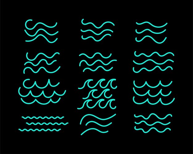 Iconos de las olas del océano de color azul Elementos de diseño Conjunto gráfico Ilustraciones