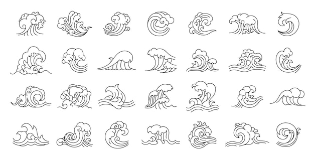 Iconos de ondas de línea japonesa pictogramas de onda de línea recta oriental elementos ornamentales decorativos de agua lineal abstracta colección aislada tradicional de vector