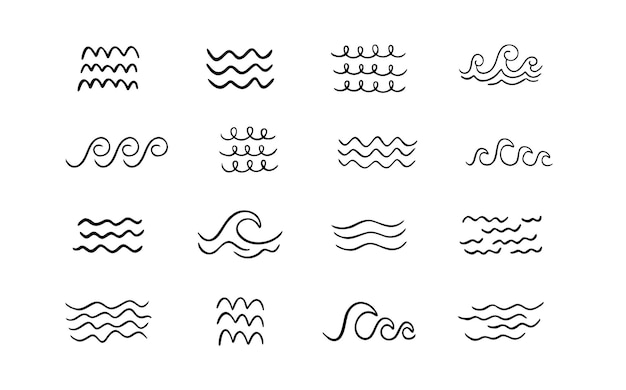 Iconos de ondas marinas dibujados a mano Icones de tormentas dibujadas a mano Establecen líneas onduladas simples Esbozo de la curva de flujo de agua del océano Símbolos de dibujos acuáticos aislados en fondo blanco