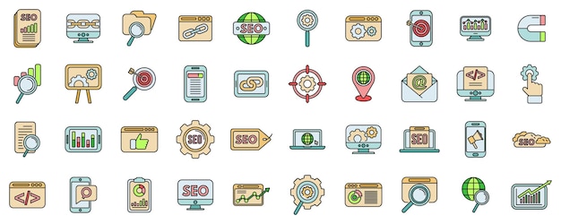Los iconos de optimización de motores de búsqueda establecen una línea de color vectorial