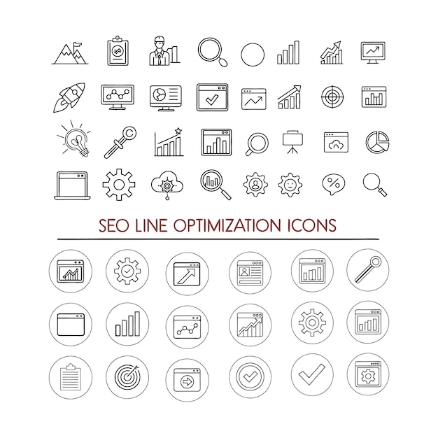 Iconos de optimización de SEO de línea delgada moderna Conjunto de vectores minimalistas
