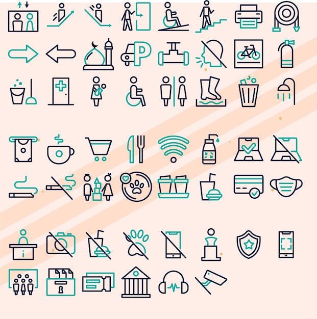 Iconos de orientación para los visitantes de los museos que los ayudan a navegar por exposiciones y eventos culturales