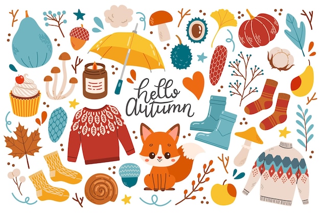 Los iconos de otoño establecen hojas de ilustración vectorial, calabazas, suéter, animales lindos, calcetines, corona floral