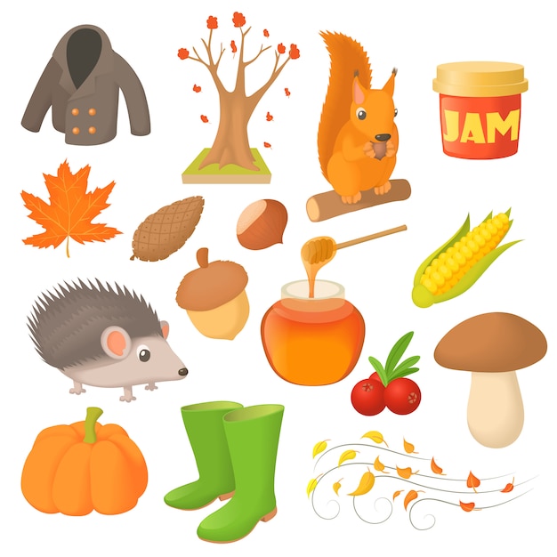 Iconos de otoño en estilo de dibujos animados