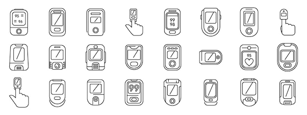 Iconos del oximetro de pulso Vector de conjunto Una colección de teléfonos celulares y relojes con una variedad de botones e iconos