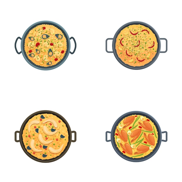 Iconos de paella con vector de dibujos animados Paella sabrosa con mariscos