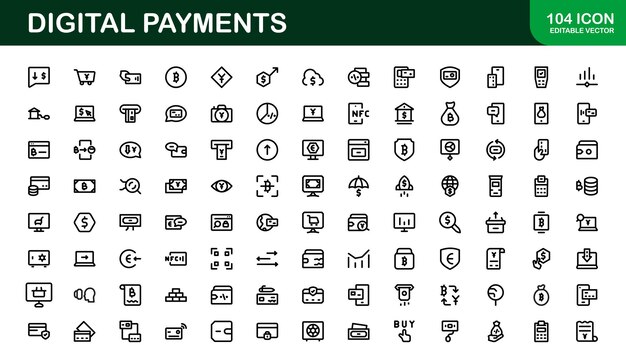 Iconos de pagos digitales Ilustraciones vectoriales de línea y contorno de alta calidad para billeteras móviles