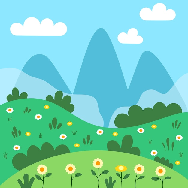 Iconos de paisajes de arbustos y montañas en estilo plano Ilustración vectorial de colinas verdes de primavera en un fondo aislado Naturaleza con flores y plantas signo concepto de negocio
