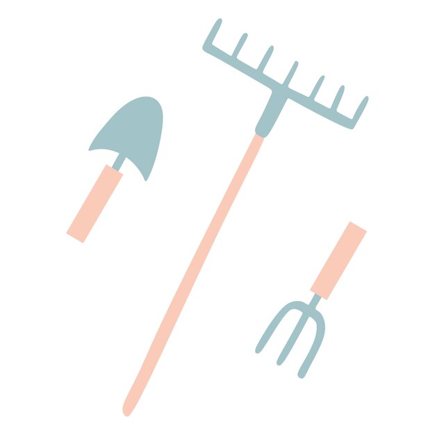 Iconos de pala o pala y horquilla aislados en fondo blanco Diseño de herramientas de jardinería plana Conjunto de colores Ilustración vectorial de dibujos animados Equipo de patio trasero para anuncios de tarjetas Diseño web