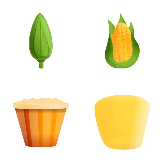 Iconos de palomitas de maíz set vector de dibujos animados Mazorca de maíz y cesta de palomitas Concepto de snack food