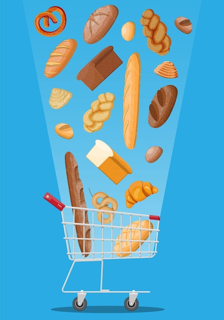 Iconos de pan y carro de compras. Pan integral, de trigo y de centeno, tostadas, pretzel, ciabatta, croissant, bagel, baguette francés, bollo de canela. Ilustración de vector de estilo plano
