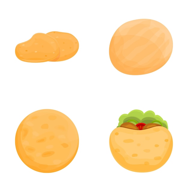 Iconos de pan de tortilla con vector de dibujos animados Ingrediente para cocinar burritos y tacos