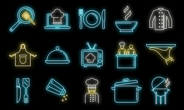 Iconos de panadería del programa de cocina con neón vectorial