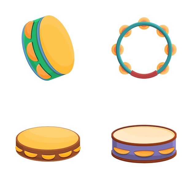 Iconos de pandereta de madera conjuntos de vectores de dibujos animados Pandereta de varios estilos y colores