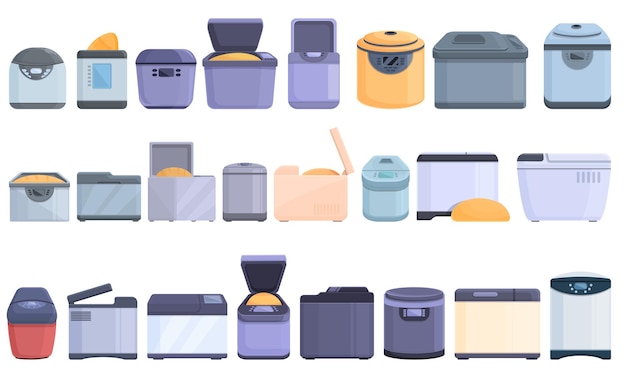Los iconos de la panificadora establecen un vector de dibujos animados. Máquina de cocina