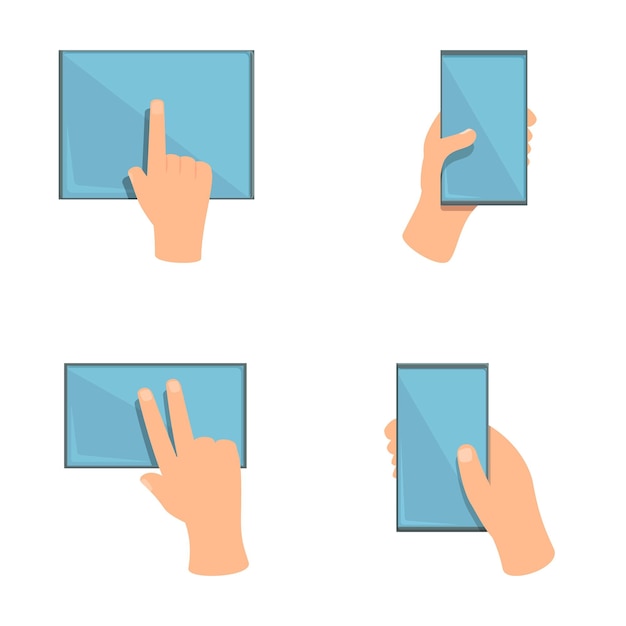 Los iconos de pantalla de desplazamiento establecen el vector de dibujos animados El gesto de la mano en el dispositivo digital táctil