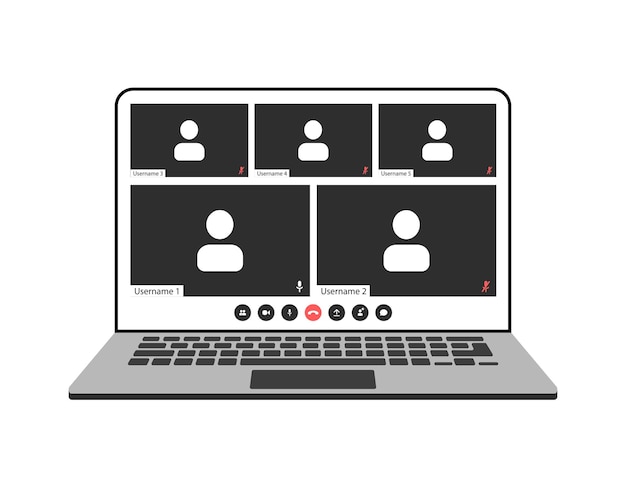 Iconos de pantalla de videollamada de interfaz de videollamada y plantilla de interfaz de usuario para superposición de vector de computadora portátil Videoconferencia o maqueta de chat en línea de videollamada para aplicación de computadora portátil con botones de llamada