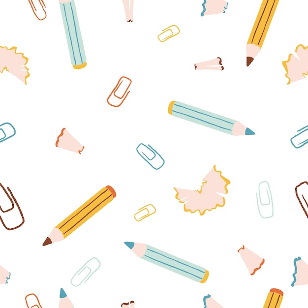Iconos de papelería de patrones sin fisuras. Incluidos los iconos como lápices de colores, sujetapapeles.