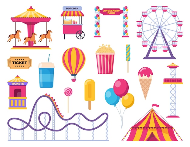 Iconos de parques de atracciones Carnaval vectorial carpa de circo rueda de ferris montaña rusa carrusel