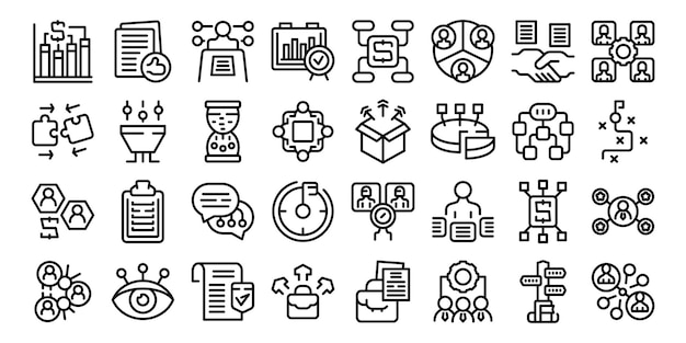 Los iconos de las partes interesadas definen el vector de la estrategia de marketing, la cultura y el trabajo en equipo.