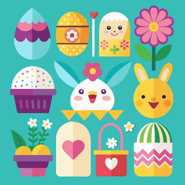 Iconos de Pascua coloridos con huevos de conejo, flores y canasta