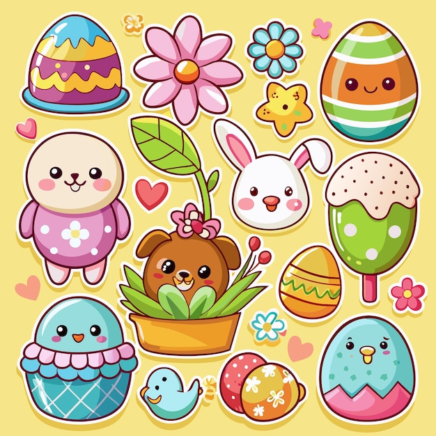 Iconos de Pascua de dibujos animados coloridos con huevos de gallina de conejo, flores y diseños de corazones