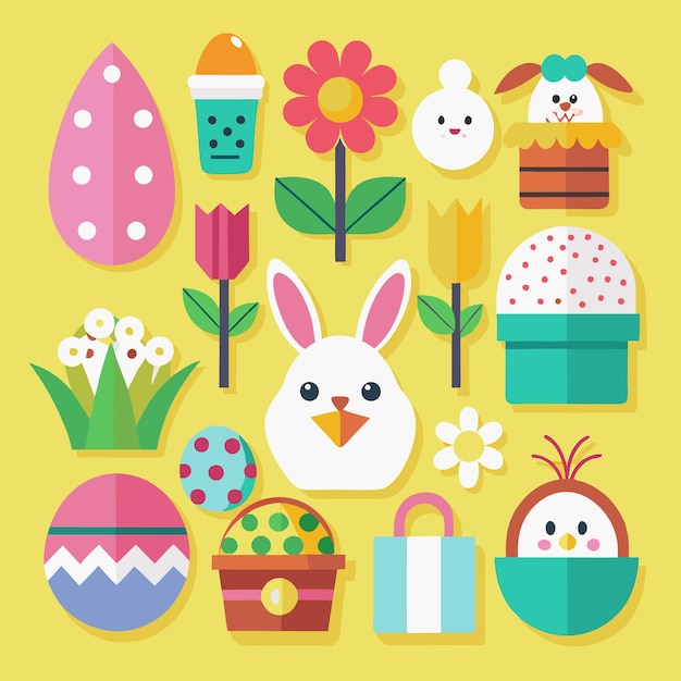 Iconos de Pascua con huevos de conejo, flores y pollo.