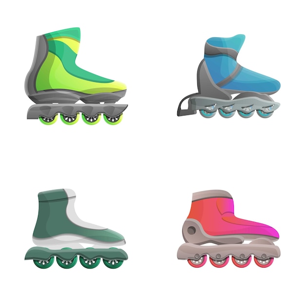 Iconos de patines set vector de dibujos animados Zapatos de patines de colores Zapatos deportivos
