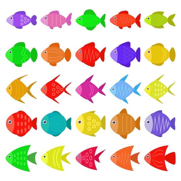 Vector iconos de peces bonitos y coloridos en estilo plano set de peces tropicales de mar y peces de acuario