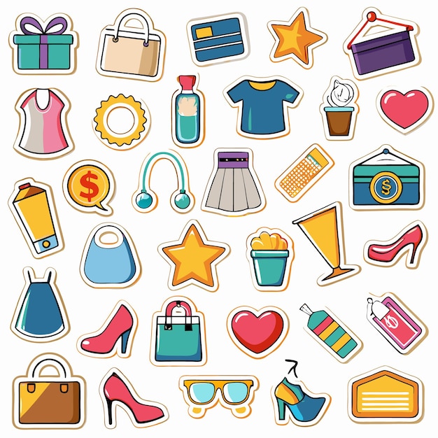 Iconos de pegatinas coloridas de compras de moda y accesorios