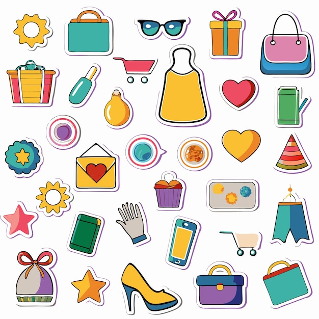 Iconos de pegatinas coloridas de varios objetos, incluido un sol, un corazón, estrellas, un maletín, gafas de sol, cajas de regalos, carros de compras y más.