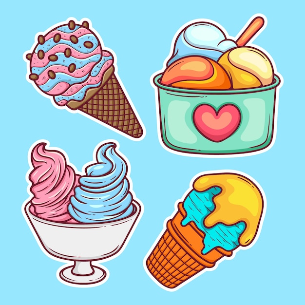 Iconos de pegatinas de helados y paletas dibujadas a mano para colorear vector